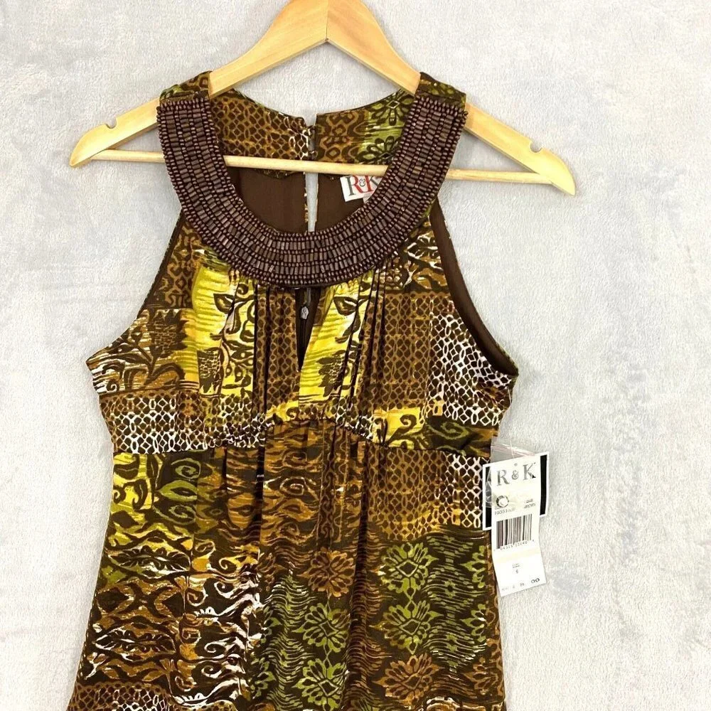 R&K Originals Beaded Tribal Halter Dress Womens 6 Brown Tropical Floral‎ NWT NEW
